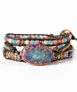 Bracelet Bohème Chic enroulé en cuir multicolore, avec pierres et perles naturelles