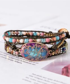 Bracelet Bohème Chic enroulé en cuir multicolore, avec pierres et perles naturelles