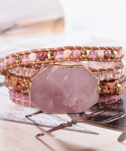 Bracelet Bohème chic 5 enveloppes, en quartz rose et pierres naturelles