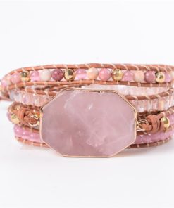 Bracelet Bohème chic 5 enveloppes, en quartz rose et pierres naturelles